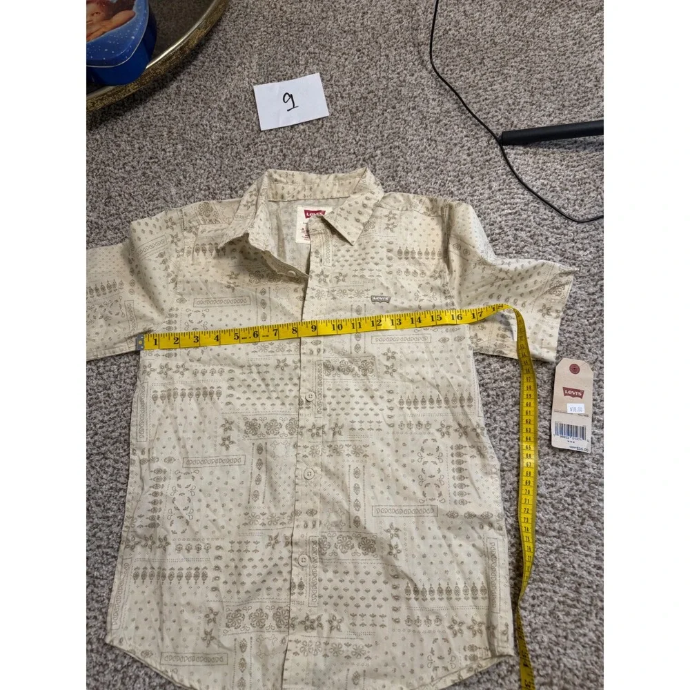 Levis Boys Medium 10-12 Bandana Patchwork Button Down Shirt Cream Short Sleeve